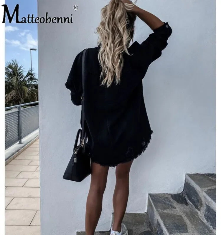 Women's Long Sleeve Denim Shirt with Ripped Details Mid-Length Button-Up Boyfriend Fit Casual Loose Top