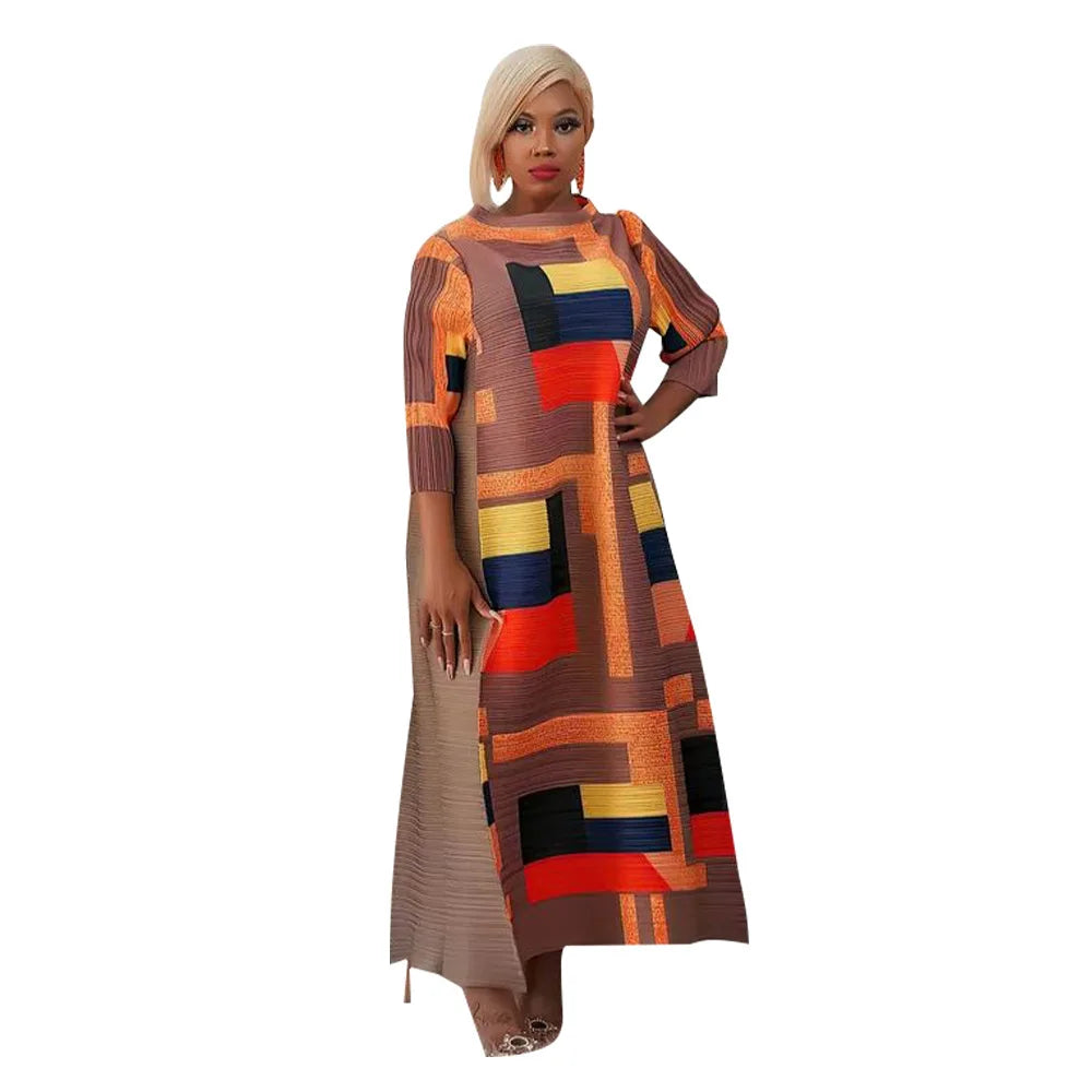 Leaf Print Pleated Boho Maxi Dress for Women Casual Beach