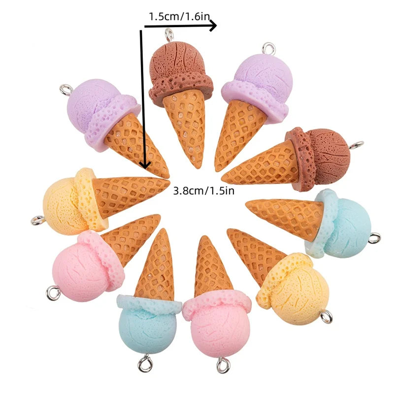10Pcs Cute 3D Ice Cream Resin Charms for DIY Jewelry and Craft Accessories 38mm x 15mm