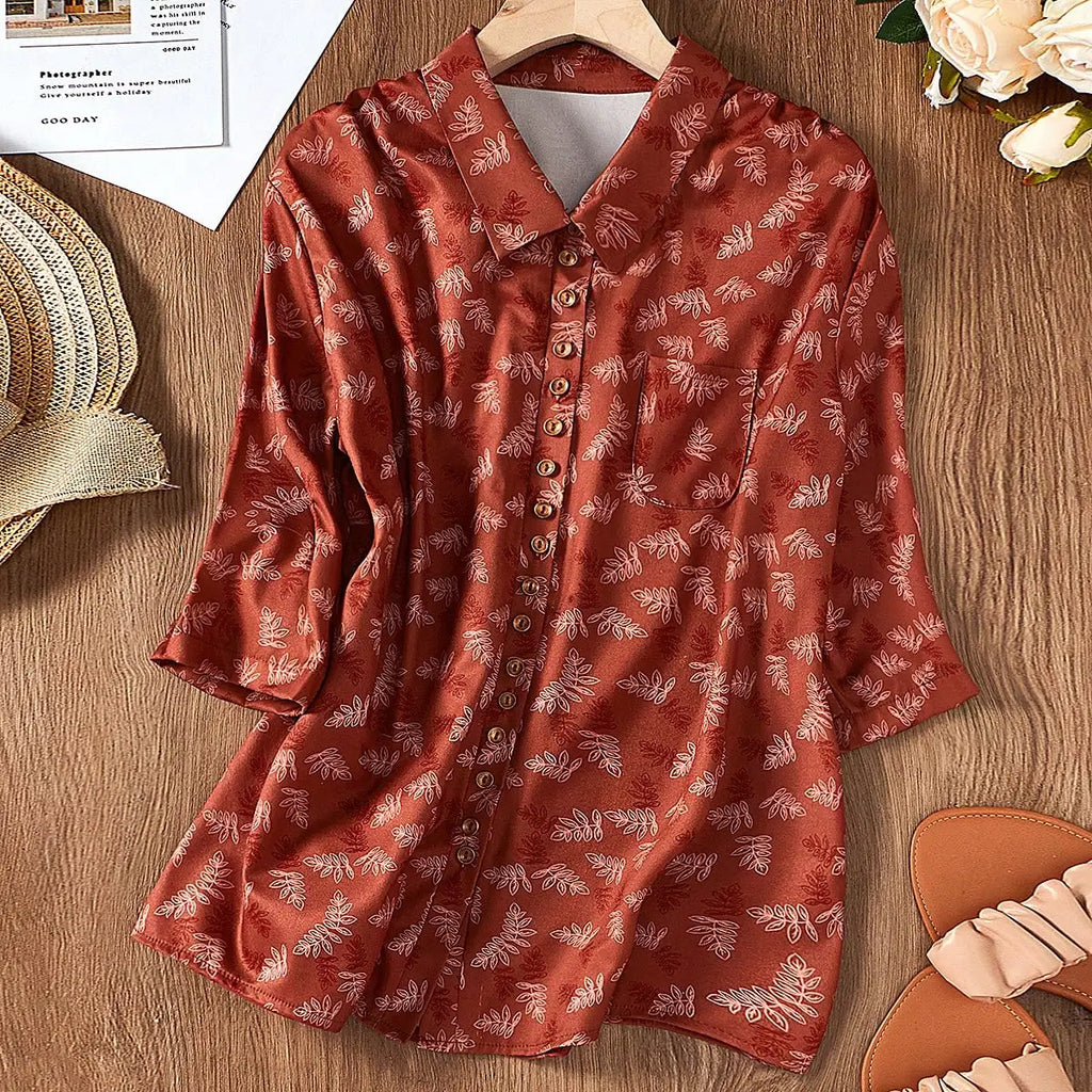 Elegant Womens Lapel Collar Long Sleeve Button Down Printed Casual Shirt