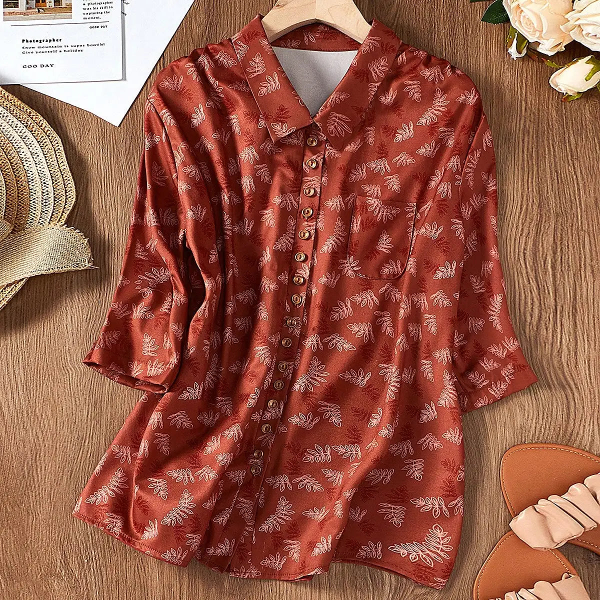 Elegant Womens Lapel Collar Long Sleeve Button Down Printed Casual Shirt