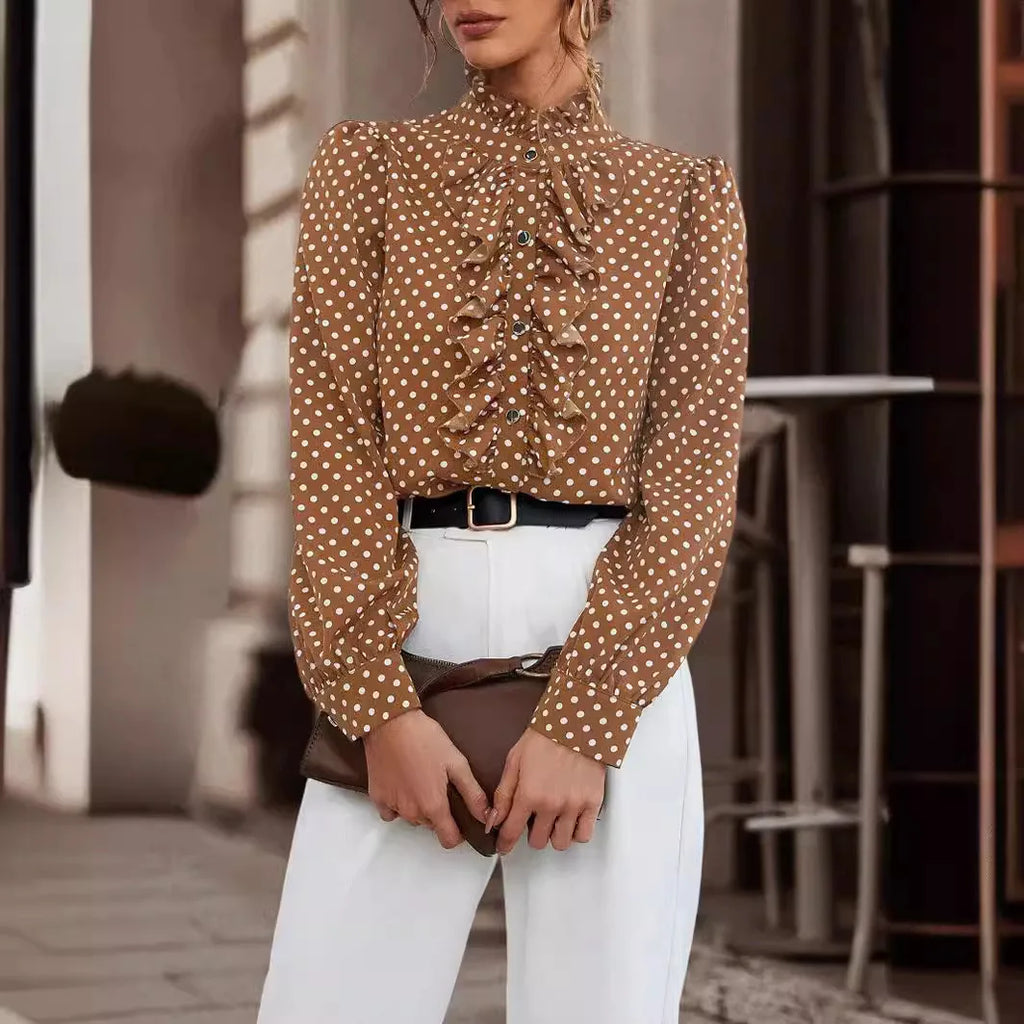 Long Sleeve Polka Dot Button Shirt for Women with Ruffle Detail Elegant Office Blouse Casual Fashion Top