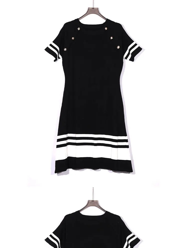 Women Short Sleeve Knit Dress Contrast Fit Flare Summer