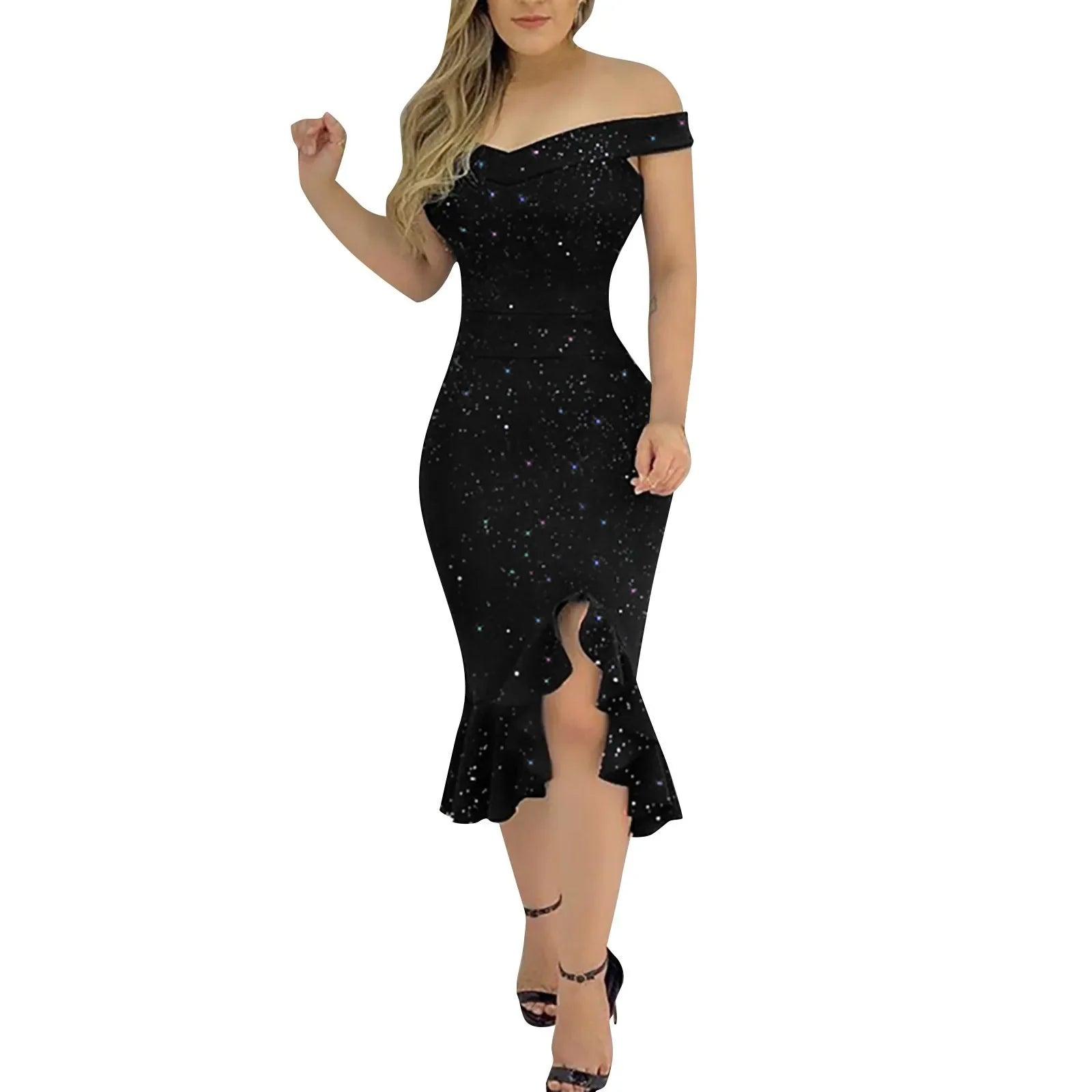 Sequin Off Shoulder Dress With Ruffle Irregular Evening Gown