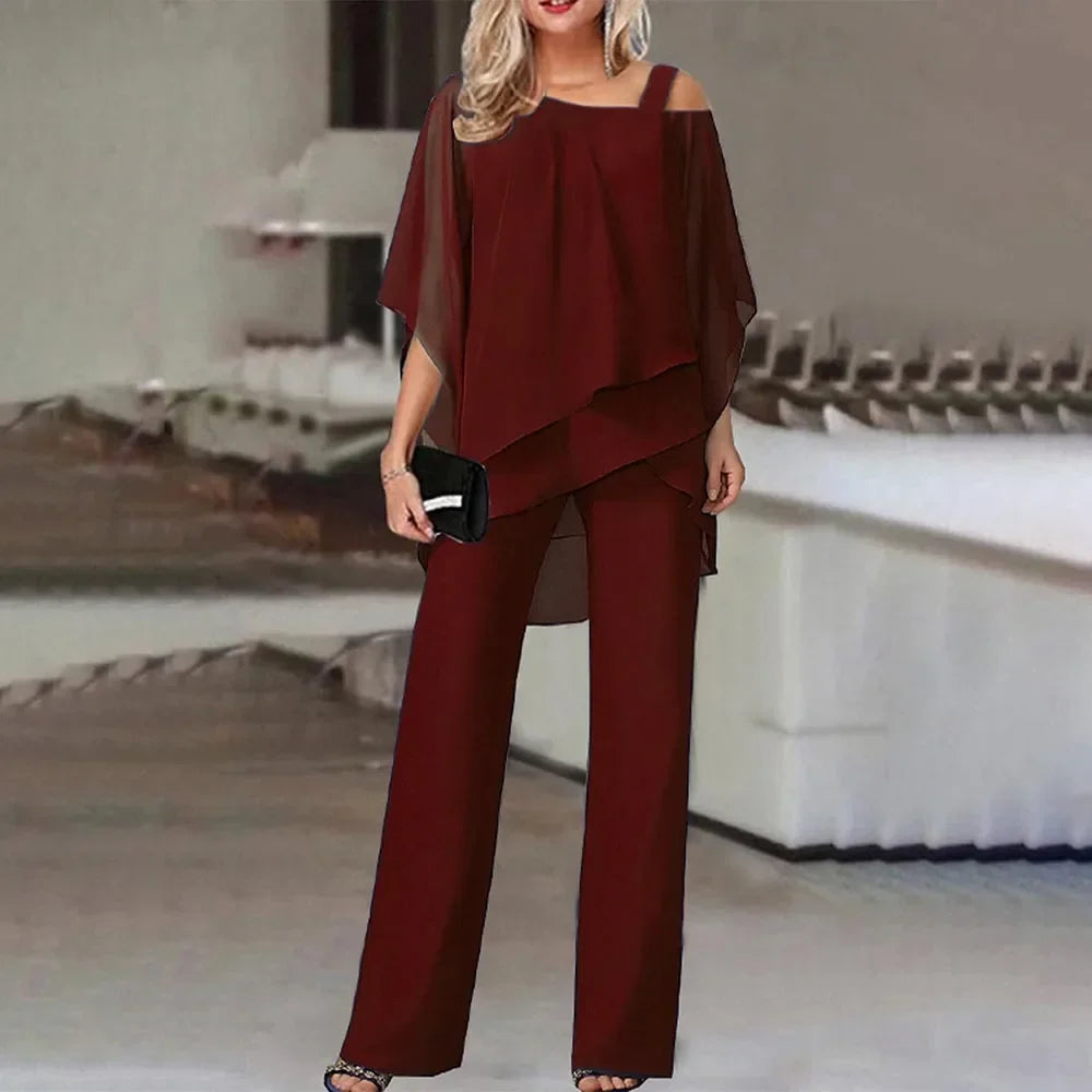 Fashionable Women's Two Piece Set with Bat Sleeve Top and Wide Leg Pants for Casual Parties