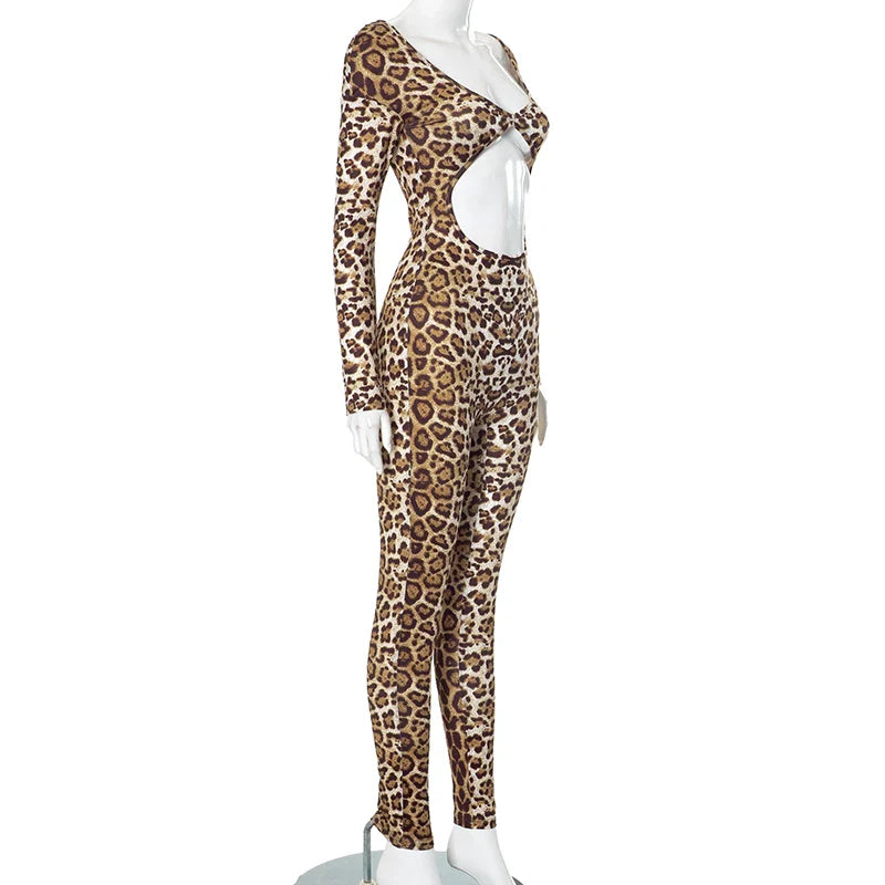 Leopard Print Long-Sleeved Crop Top with High-Waisted Trendy Jumpsuit Sexy Chic Stylish Outfit for Women