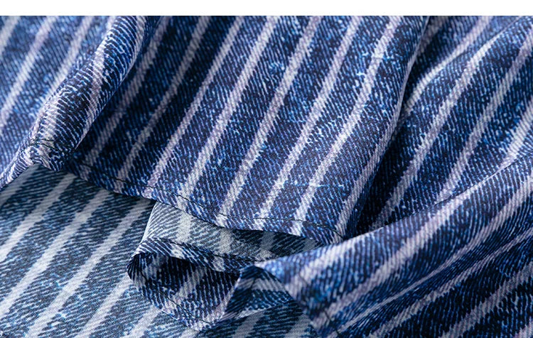 Women 100 Percent Mulberry Crepe Silk Shirt Blue Jeans Stripe Printed Three Quarter Sleeve Pullover Blouse Elegant Office Top in M L XL