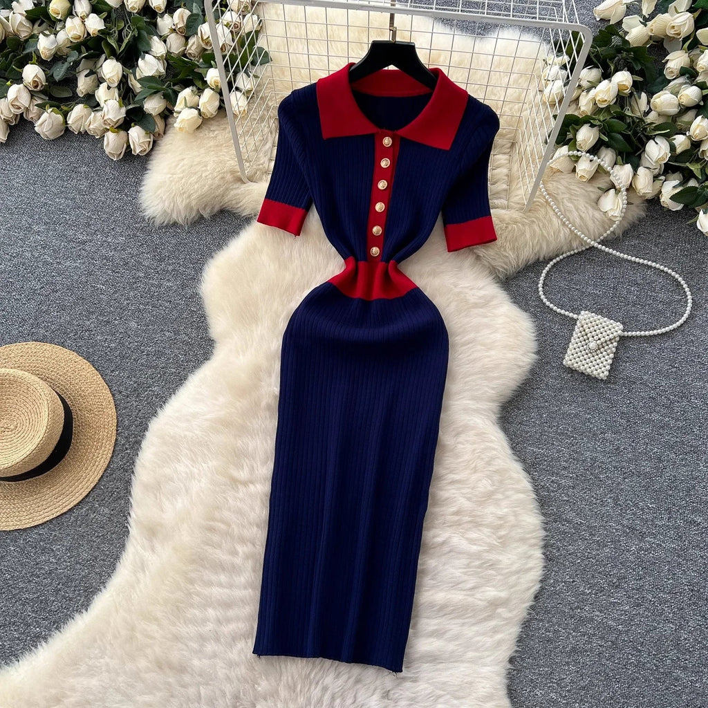 Patchwork Knitted Polo Collar Dress For Women Spring Summer
