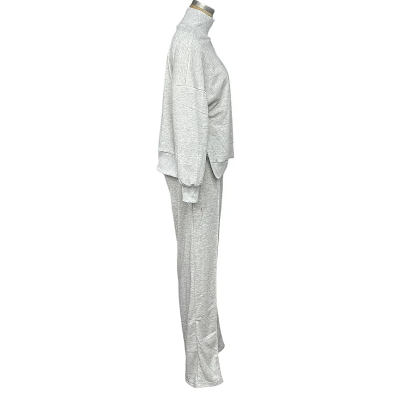 Women's Autumn Casual 2 Piece Turtleneck Pullover Top and Wide Leg Pants Set