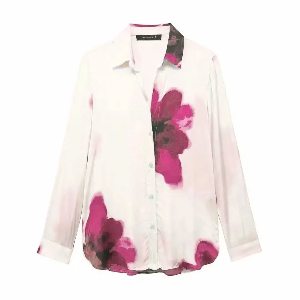 Elegant Floral Print Pant Set With Lapel Long Sleeve Loose Blouse And Drawstring High Waist Wide Leg Pants For Women