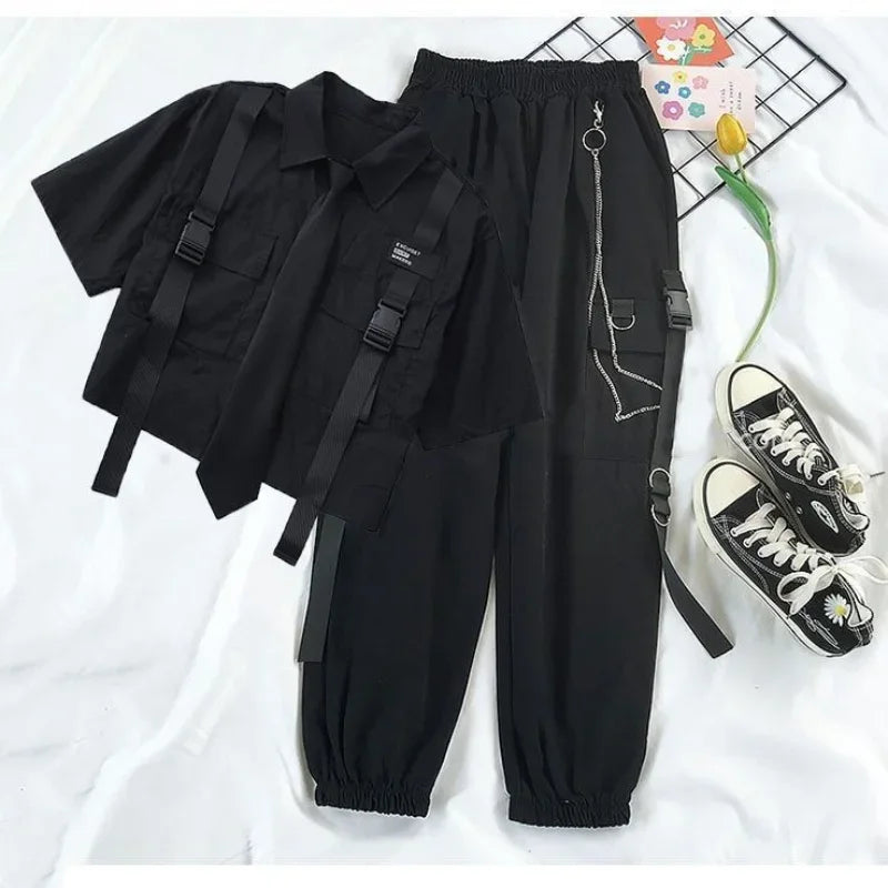 Casual Streetwear Cargo Pants Set with Chain and Harajuku Style Shirt for Women - Two Piece Loose Joggers and Blouse Outfit in Black and White