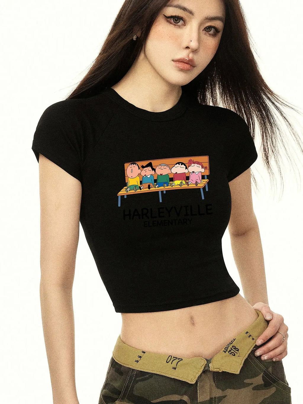 Crayon Shin Chan Summer Crop Top Tight Fitting O-Neck T-Shirt for Casual Wear