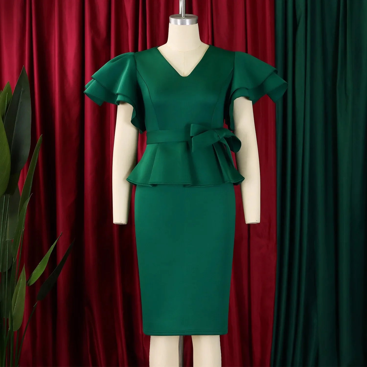 V Neck Bodycon Midi Dress With Ruffle Sleeves For Women