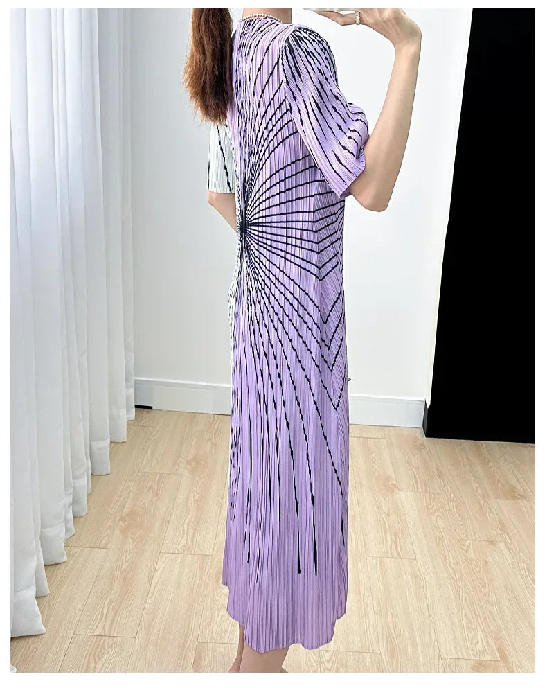 Women Pleated Dress Black White Print O Neck Short Sleeve