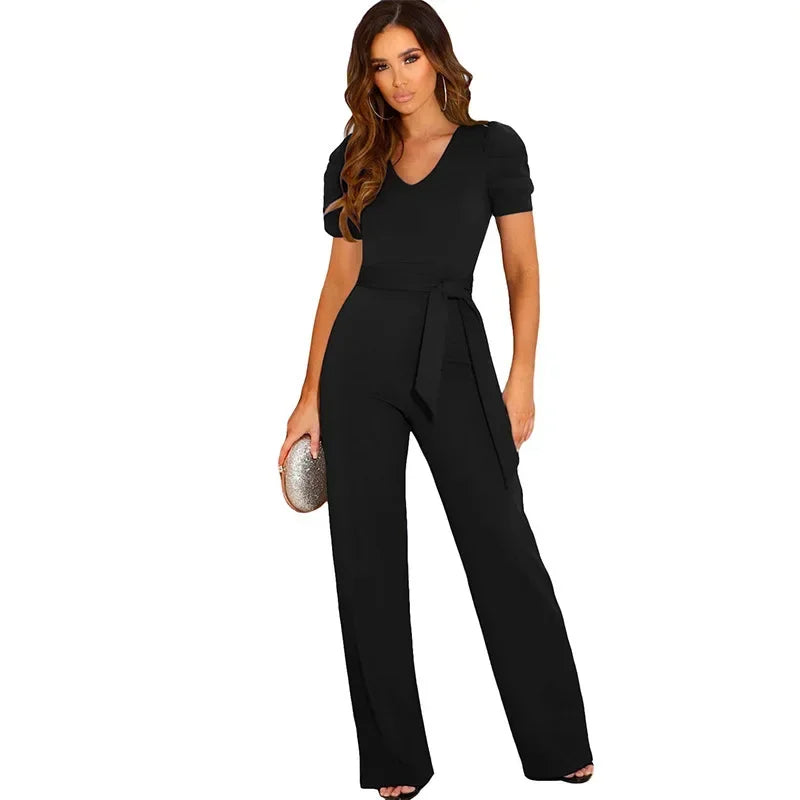 Strap Waist Wrapped Jumpsuit for Women V Neck Short Sleeve Wide Leg Long Pants Solid Color Summer Style