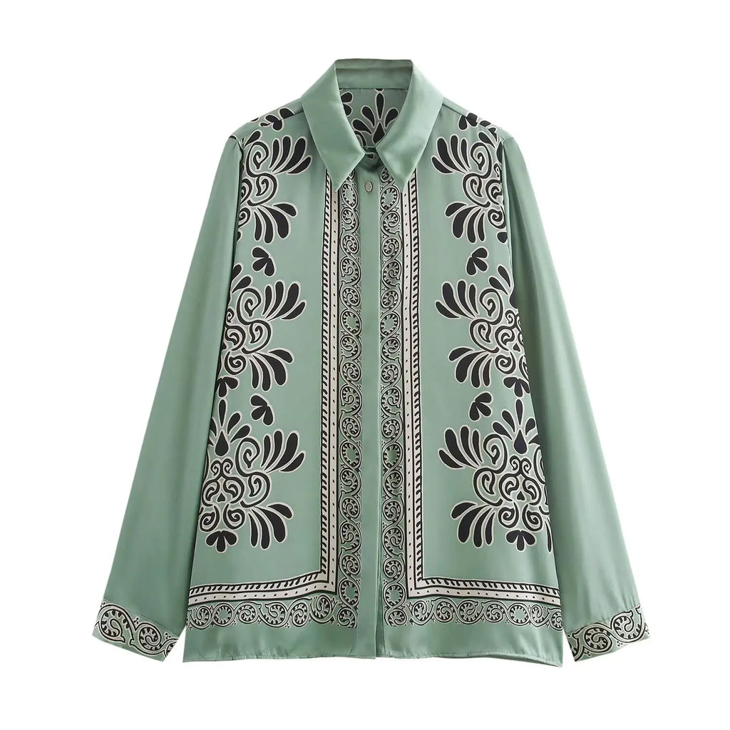 Loose Fit Long Sleeve Silk Satin Printed Shirt and Pants Set for Women