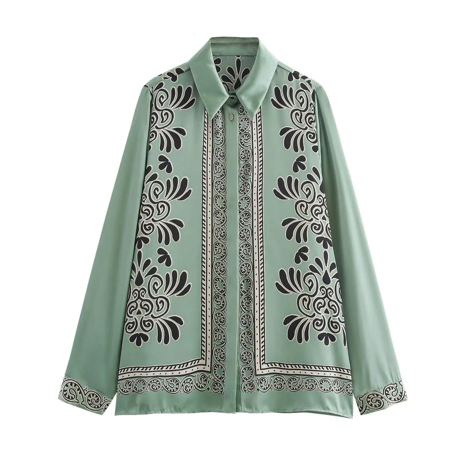 Loose Fit Long Sleeve Silk Satin Printed Shirt and Pants Set for Women