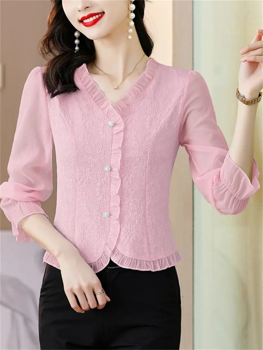 Women Casual Long Sleeve V-Neck Blouse Solid Color Lightweight Shirt for Spring and Autumn
