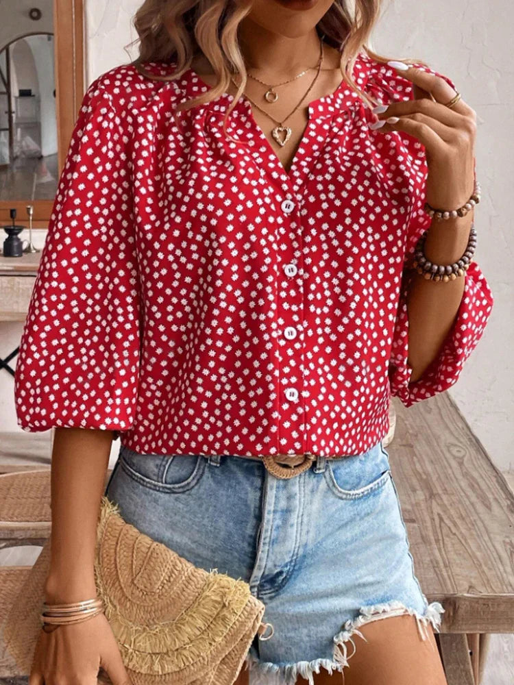 Women's Vacation V-Neck Button-Up Mid-Sleeve Shirt with Open Gap and Single Row Buttons Casual Summer Top