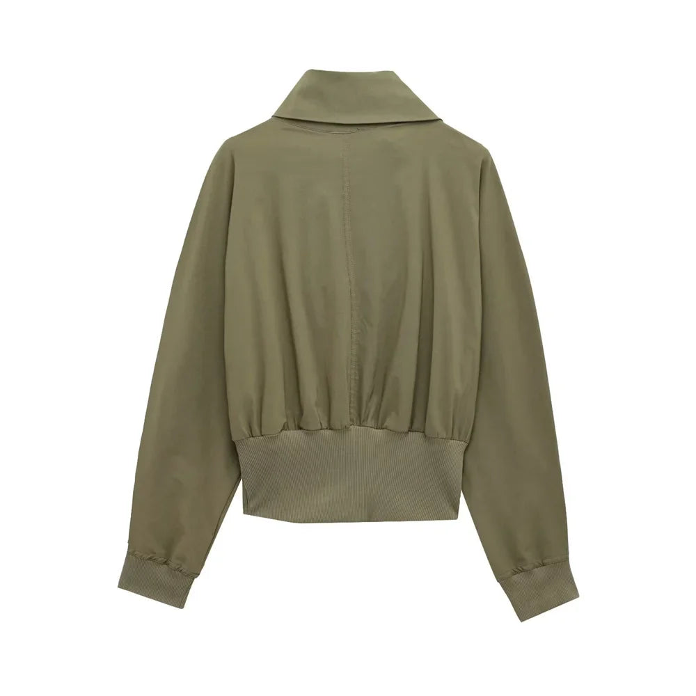 Olive Green Cowl Neck Asymmetric Zip Jacket with Elastic Waist Wide Leg Cargo Pants Set for Trendy Women's Fashion