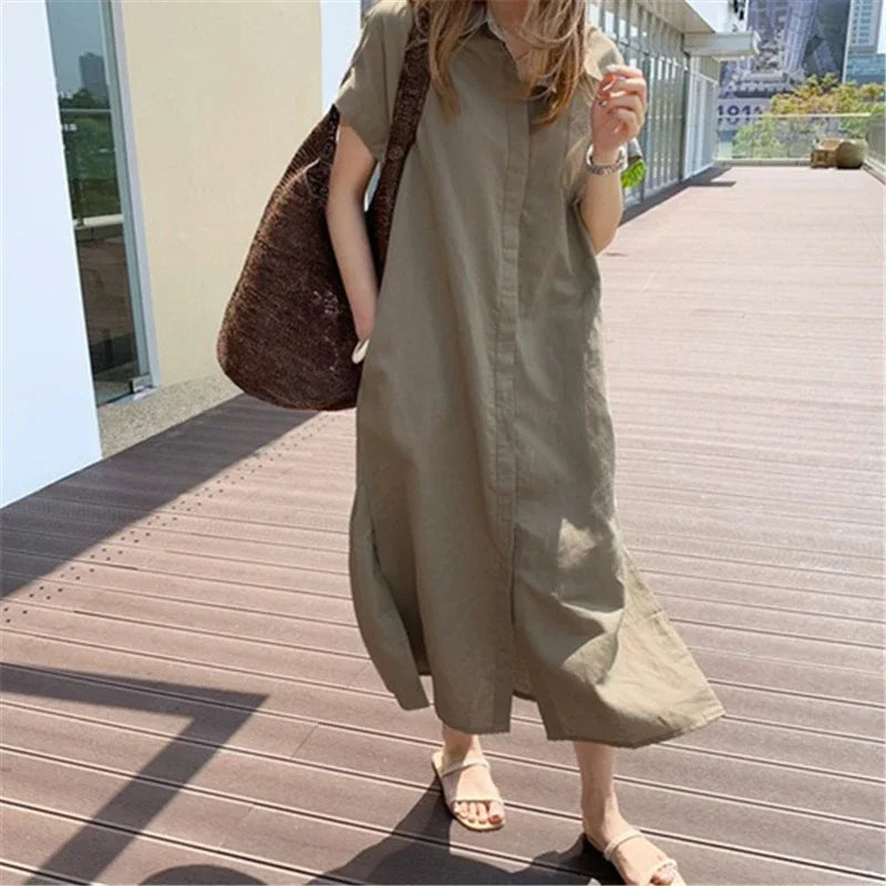 Cotton Linen Shirt Dress for Women High Waist Pocket Lace