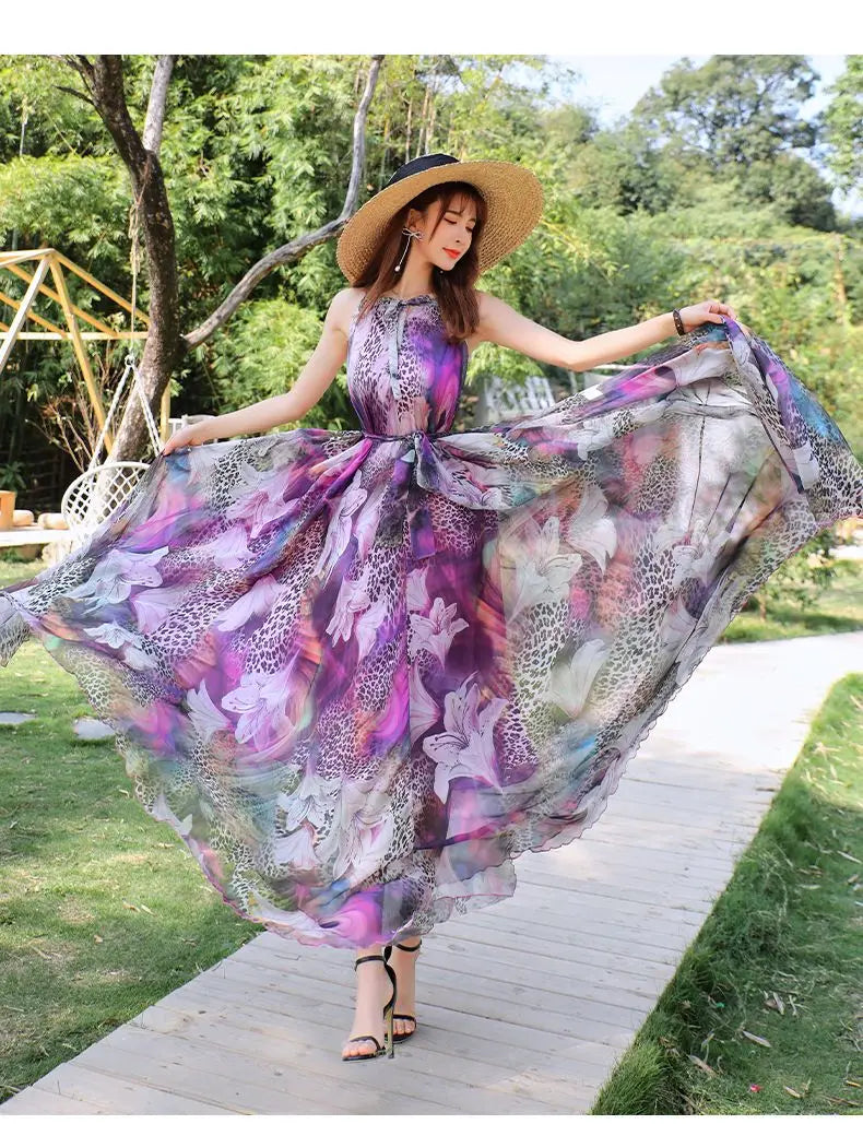 Floral Boho Backless Maxi Dress Women Beach Sundress
