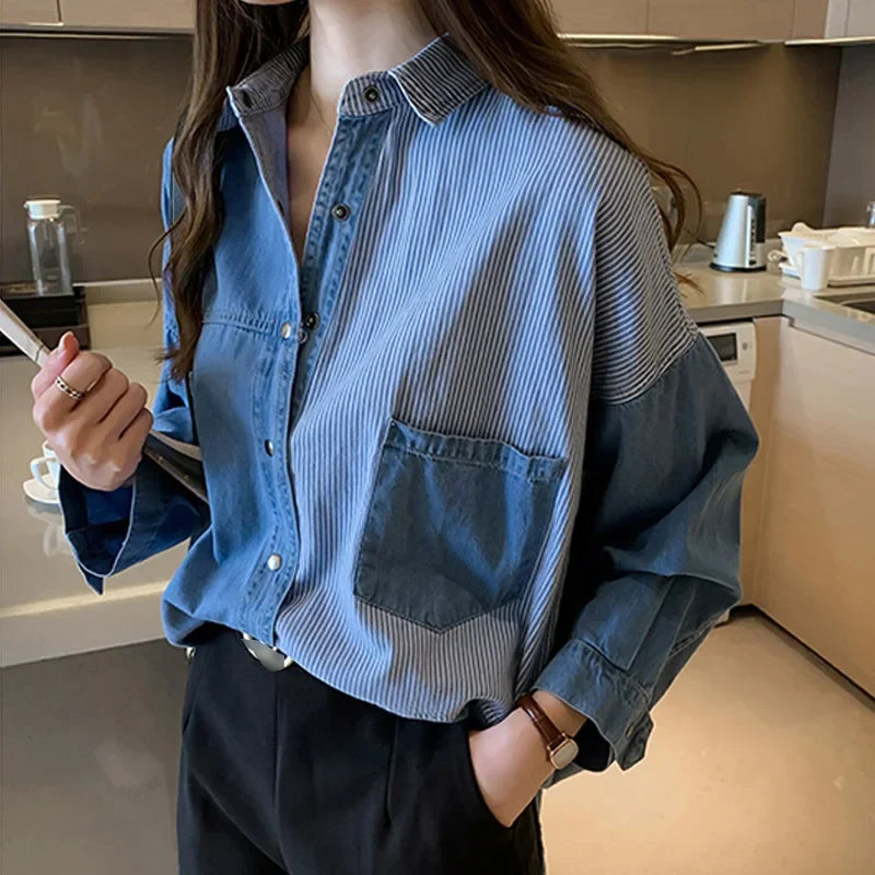 Loose Fit Women's Denim Shirt Long Sleeve Cotton Casual Button-Up Korean Style Autumn Winter Camisa Jeans Shirt
