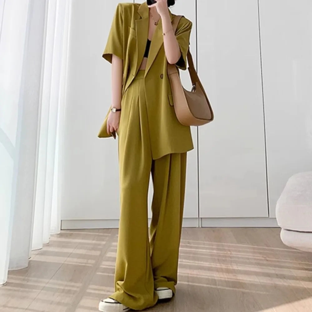 Short Sleeve Wide Leg Pants Blazer Suit Set for Women Summer Business Casual Attire