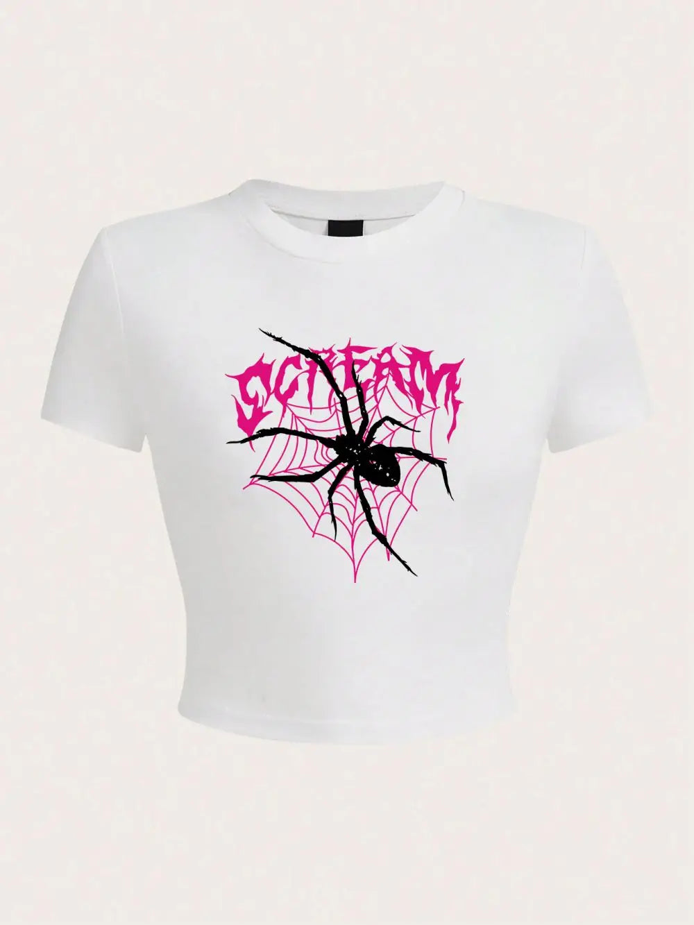 Harajuku Style Women Crop Top with Scream Spiders and Cobwebs Print Comfortable O Neck Soft Streetwear Shirt
