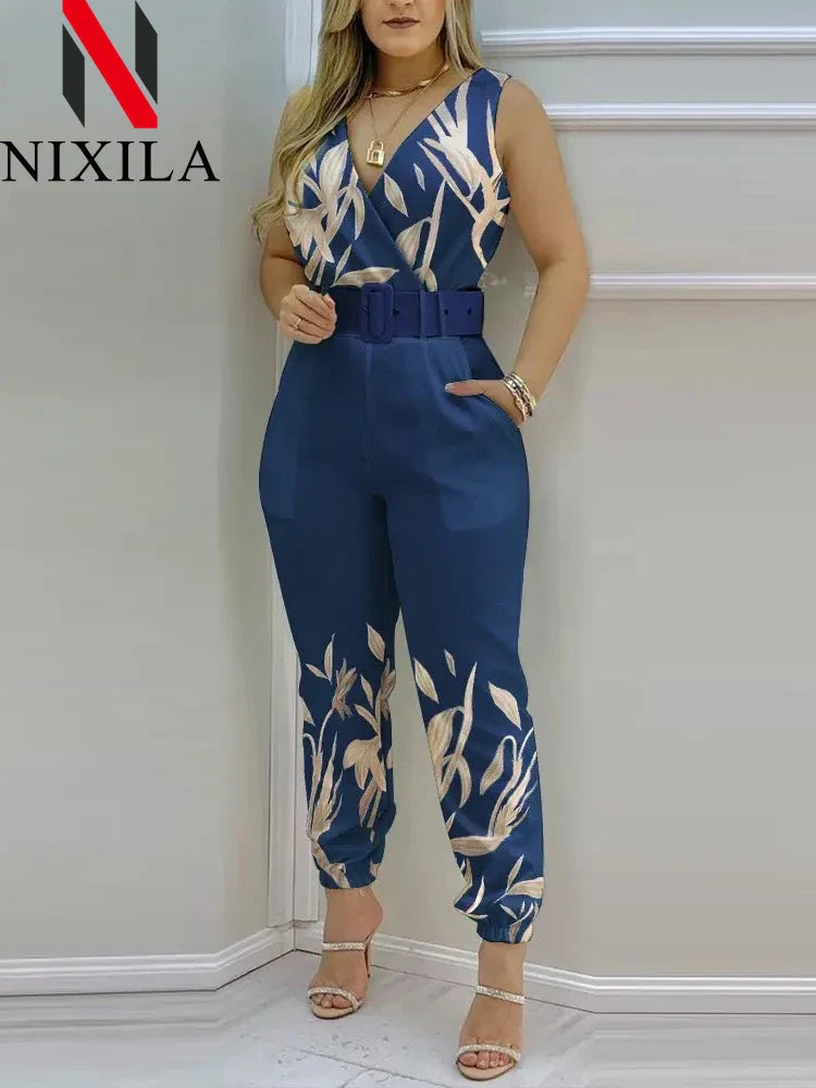 Summer V-Neck Backless Printed High Waist Jumpsuit for Women Sexy Bodysuit Overalls Streetwear Elegant Fit