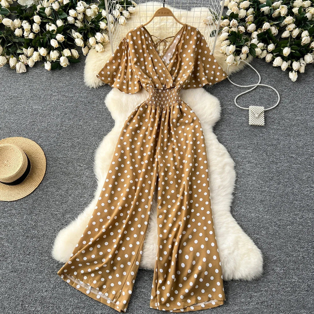 Elegant Polka Dot Romper for Women V-Neck Short Sleeve High Waist Wide Leg Jumpsuit Loose Fit Summer Playsuit