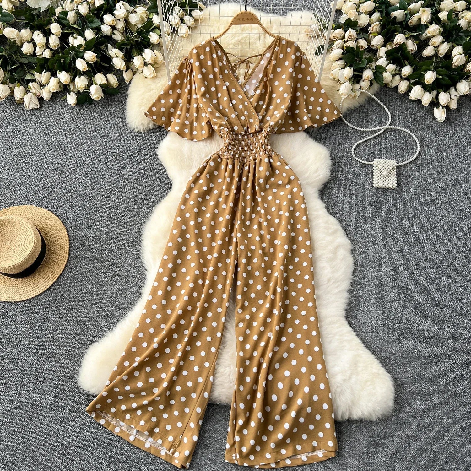 Polka Dot Romper Jumpsuit Women V Neck High Waist Wide Leg