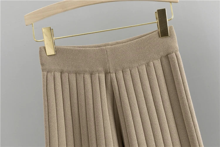 Women's Three Piece Cardigan Set Casual Sweater Outfit with Striped Cardigan Top and Wide Leg Pants