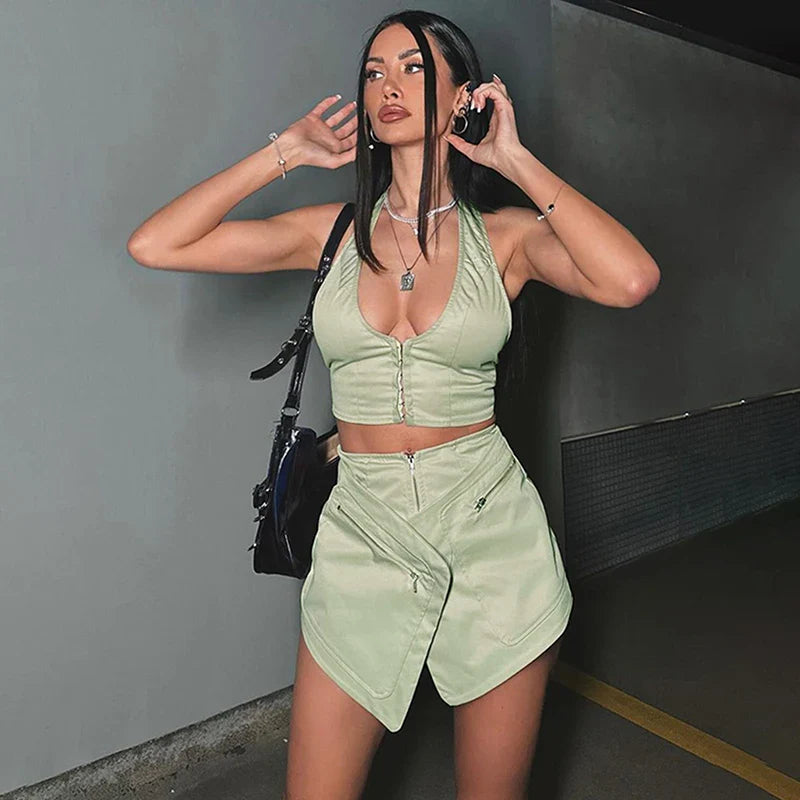 2 Piece Women's Summer Fashion Set V Neck Sleeveless Crop Tank Top and High Waist Shorts Backless Casual Leisure Outfit