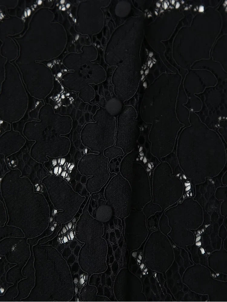 Black Lace Embroidered Short Shirt with Long Sleeves Elegant Autumn and Winter Fashion Top