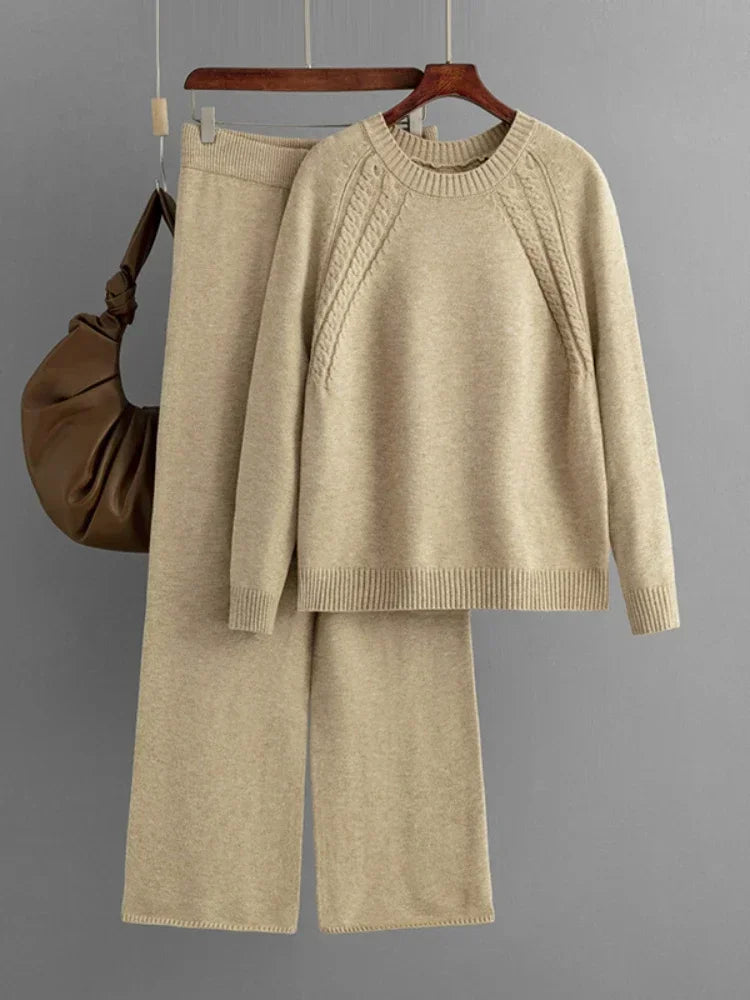 Casual Knitted Two Piece Set for Women Featuring Loose Sweater and Wide Leg Pants