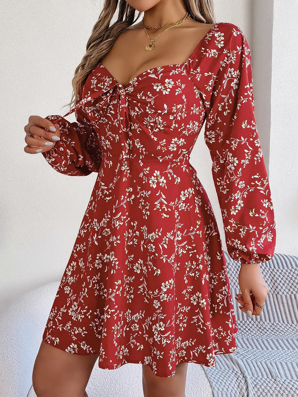 Floral Print Square Neck Dress With Long Sleeve Lace Up