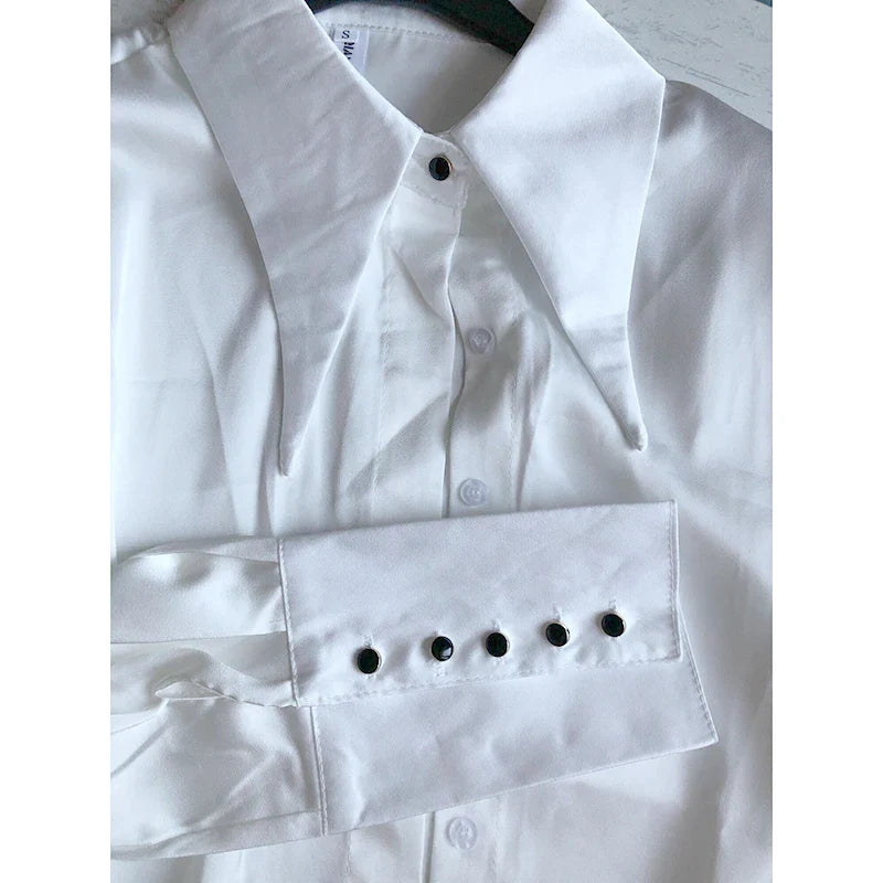 Elegant Turn Down Collar Satin Silk Blouse Vintage Button Closure White Lantern Sleeve Office Lady Shirt Chic Feminine Top
