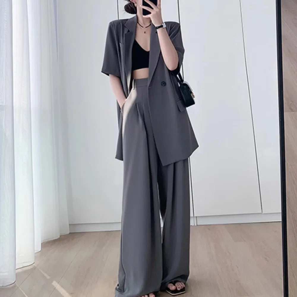 Short Sleeve Blazer Suit Set for Women - Stylish Two Piece Outfit