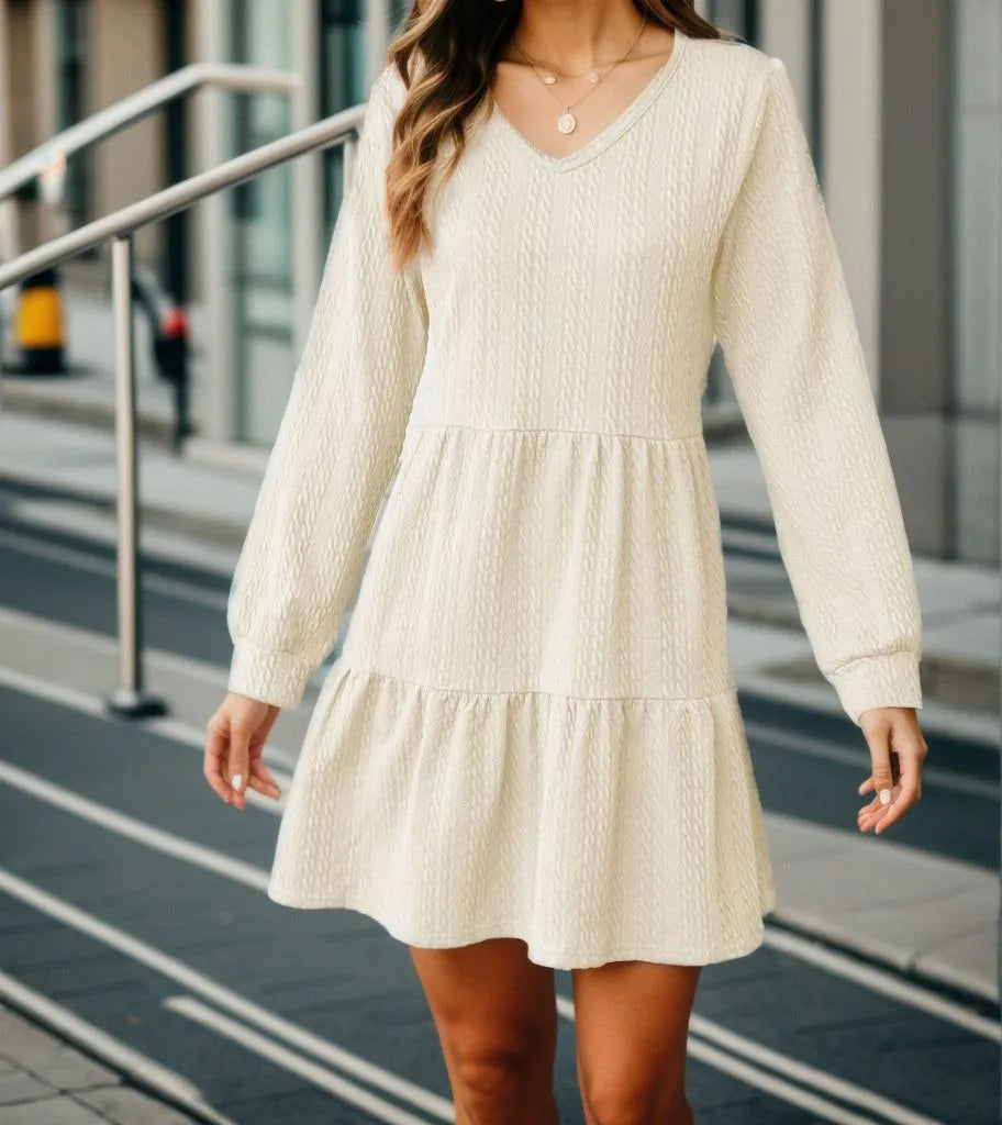 Womens V Neck Long Sleeve Autumn Dress In Solid Color