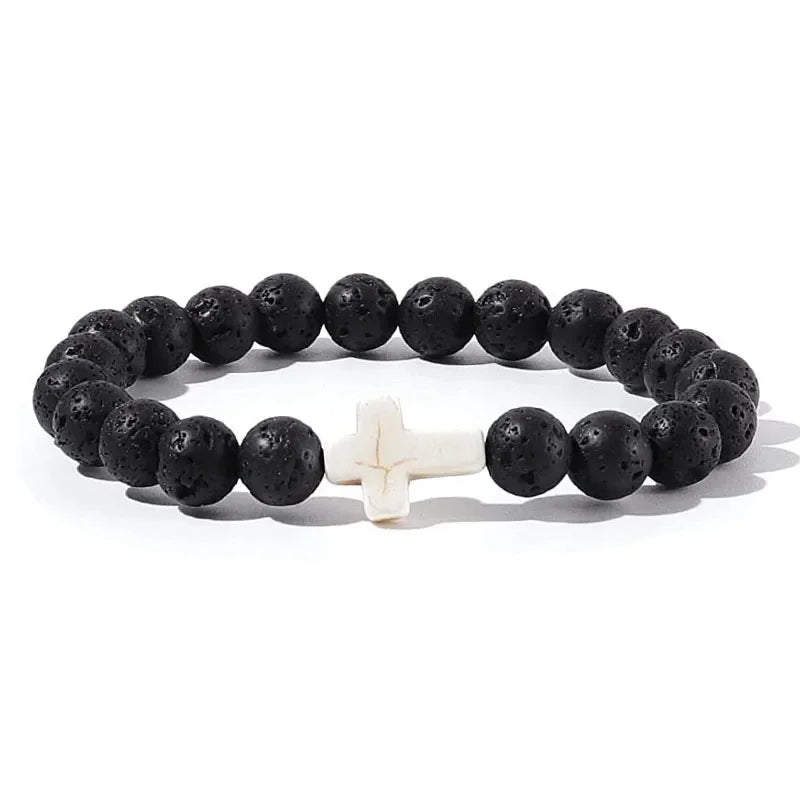 Natural Stone Hematite Cross Bracelet with Onyx and Wood Beads for Men and Women - Meditation and Yoga Jewelry