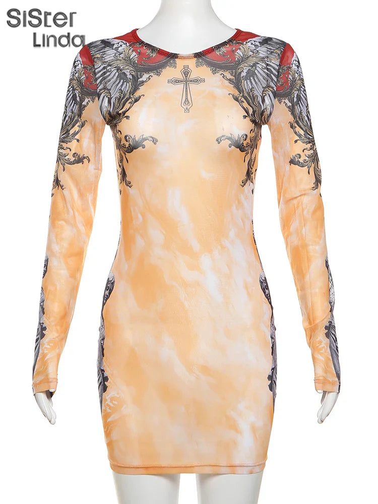 Aesthetic Print Mini Dress With Long Sleeve O Neck Chic
