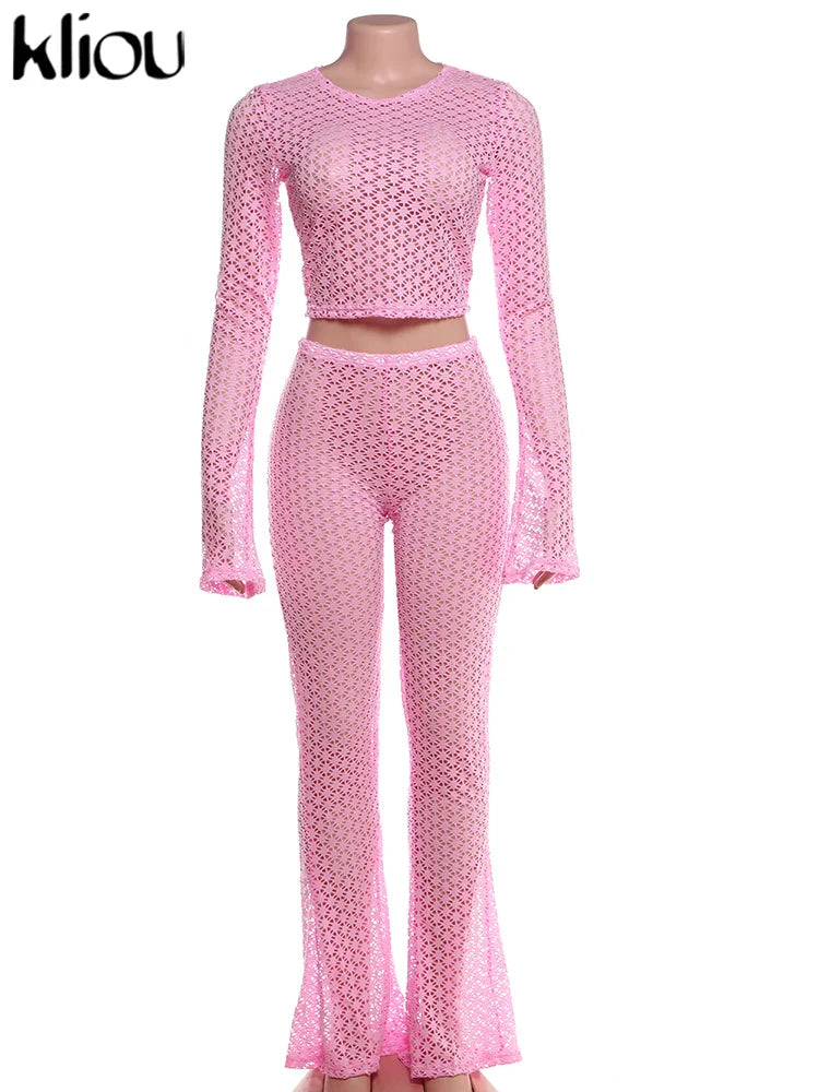 Sexy Coquette 2 Piece Set Sheer Long Sleeve Slim Top and High Waist Flare Pants Nightclub Outfit