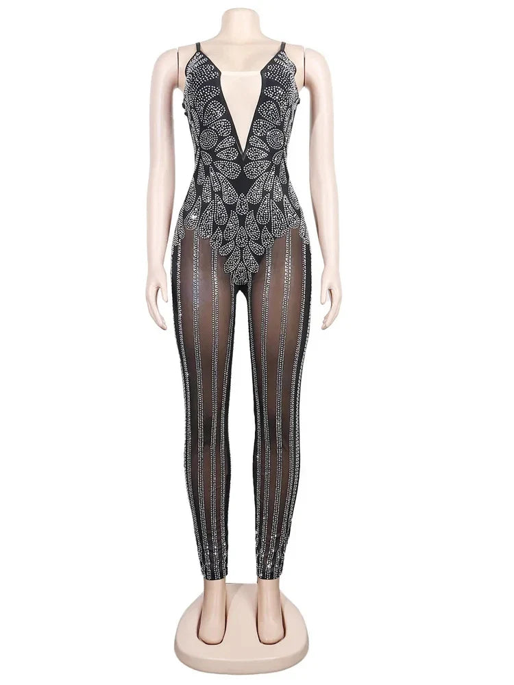 Women's Sparkle Black Rhinestone Spaghetti Strap Jumpsuit Sheer Mesh Sleeveless Crystal Romper Glam Clubwear