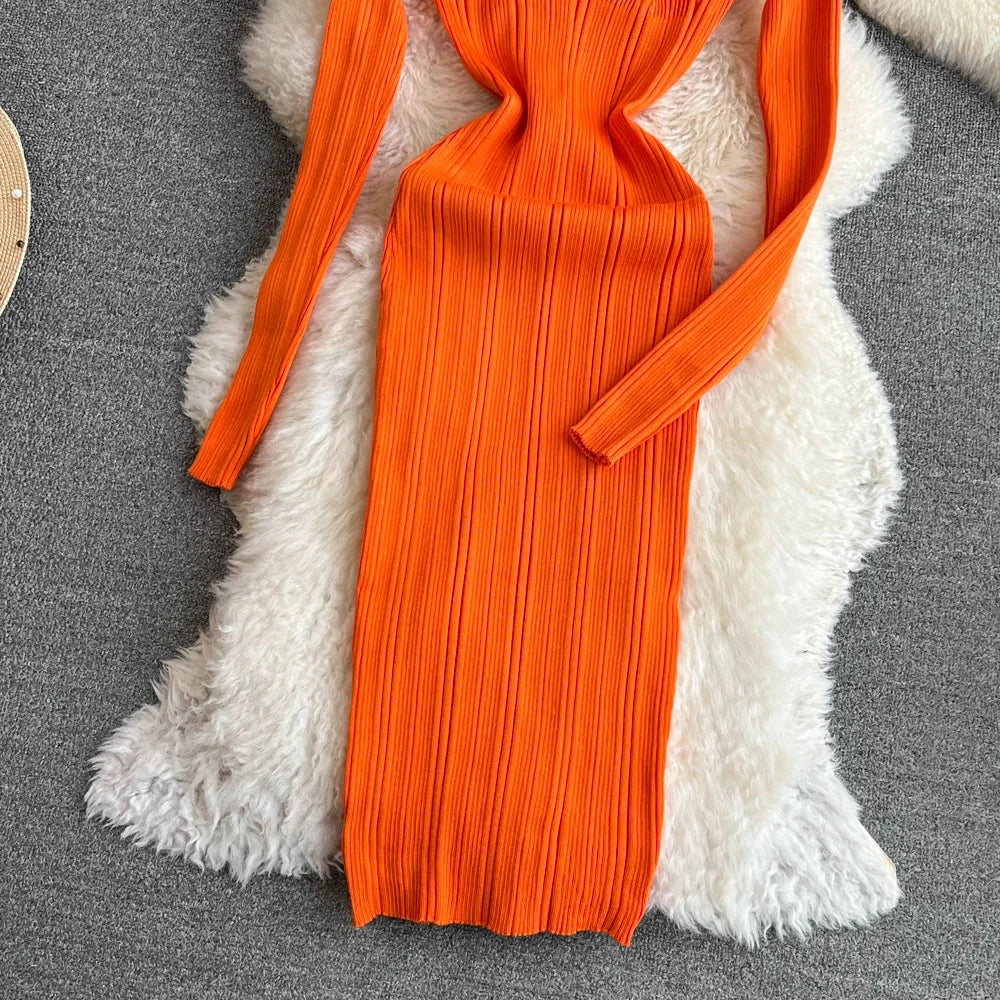 Long Sleeve Knitted Bodycon Dress For Women Autumn Retro