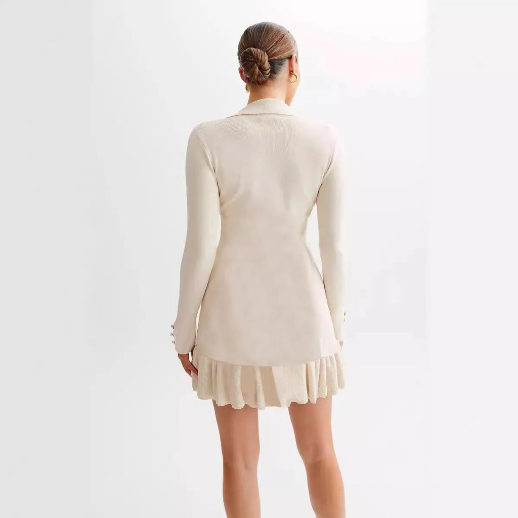 Knitted Dress With Pearl Buckle And Ruffle Edge Sleeves