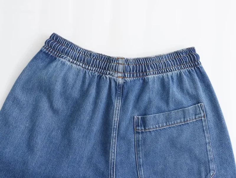 Casual Open Collar Denim Top with Pocket and Loose Wide Leg Drawstring Waist Denim Pants Two Piece Set for Women