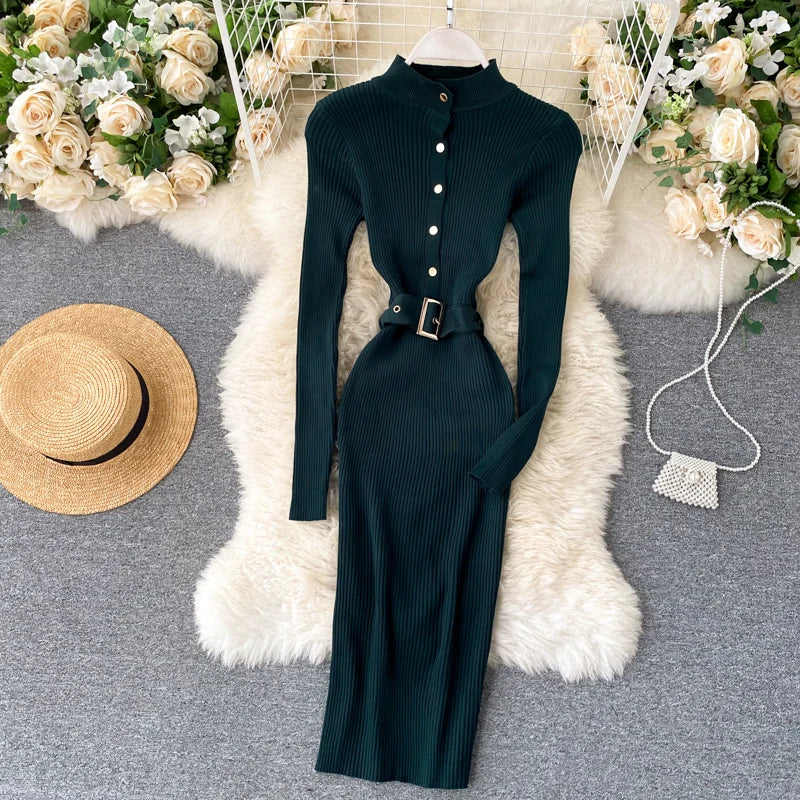 Womens Winter Knitted Dress Stand Collar With Sash Belt
