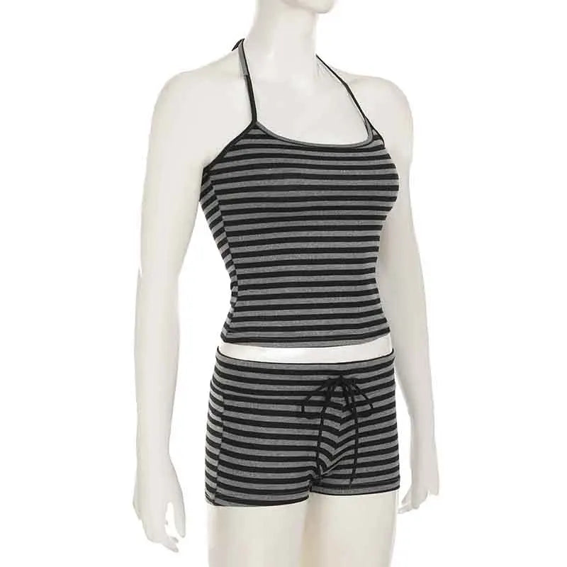Casual Striped Two Piece Set for Women Slim Fit Backless Bandage Halter Top with Low-Waisted Shorts Summer Lounge Wear
