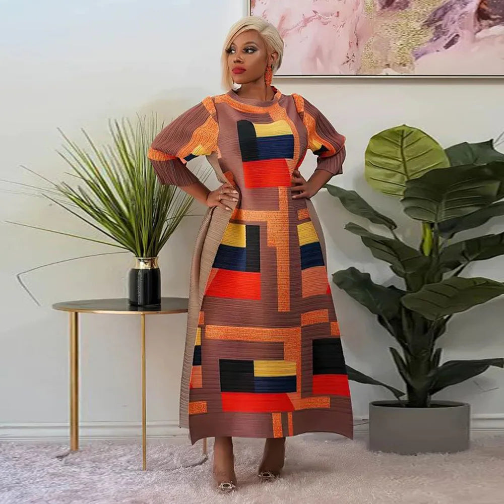 Leaf Print Pleated Boho Maxi Dress for Women Casual Beach